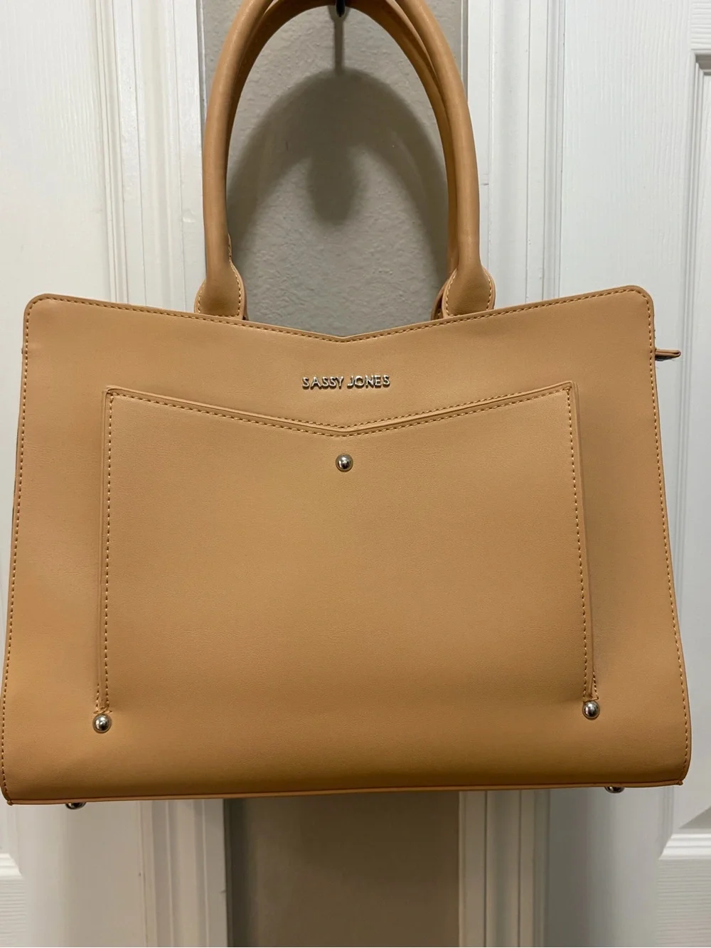 Sassy Jones Beige Satchel with Leopard Panels